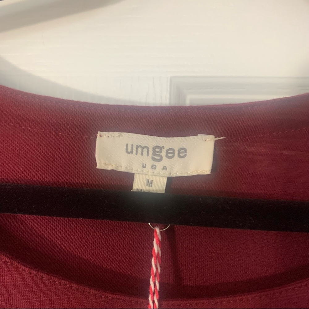 NWT Umgee Burgundy Cotton Swing Dress Raw Hem Ruffle Sleeve Pockets M Medium - Picture 2 of 8